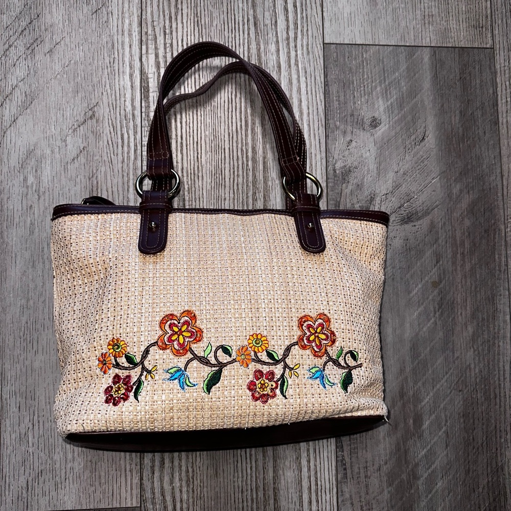 Vintage CL America beige woven floral embroidered large shoulder bag purse